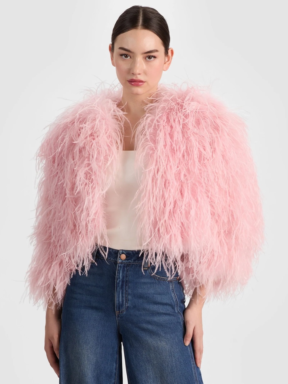 Alice + Olivia Pink Feathered Cropped Jacket